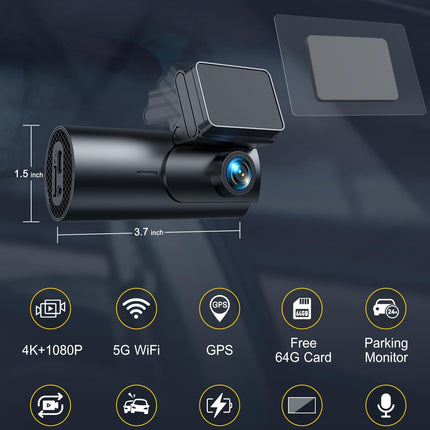 GKU 4K autoregistraator esi- ja tagakaameraga, 5 GHz WiFi GPS, kahekordne autoregistraator, 1,5” IPS miniautokaamera 64 GB SD-kaardiga, parkimismonitor, öönägemine, WDR, 170° lainurk, G-andur, rakenduse juhtimine, max 256 GB
