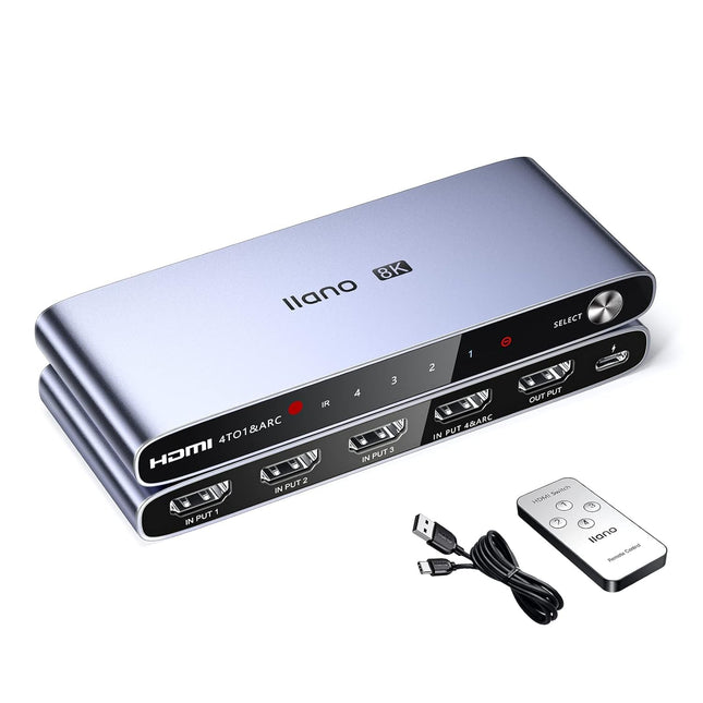 Llano 2024 uuendatud versioon HDMI automaatne lüliti 4K@120Hz 8K@60Hz IR-kaugjuhtimispuldiga, lüliti valijaga, 4 sisendit, 1 väljund, toetab ARC, CEC, HDCP2.3, 3D, HDR10+ VRR ALLM-i PS5 ja Xboxi jaoks