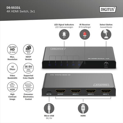 DIGITUS DS-55331 HDMI-lüliti 3x1 – 3 sisendit, 1 väljund – UHD 4K/60 Hz HDTV: 3840 x 2160p – HDCP 2.2 ja HDMI 2.0 – HDR, CEC, Deep Color, DTS, Dolby Digital, LPCM – teleri, monitori, PS5, PS4, Xboxi jaoks