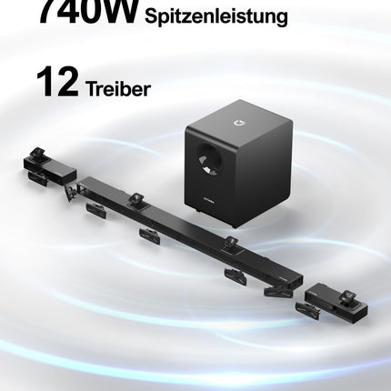 ULTIMEA 7.1.4-kanaliline heliriba Dolby Atmosega, tõeline kodukino ruumiline helisüsteem reguleeritava juhtmevaba subwooferiga, heliriba teleritele, Dolby Atmos helisüsteem, HDMI sisend/eARC väljund, Nova S90