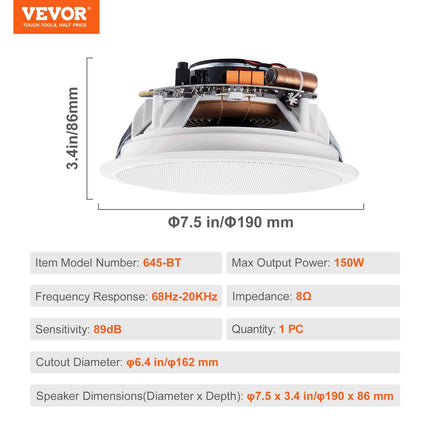 VEVOR 6,5-tolline Bluetooth-laekõlar, 150 W lae- ja seinakõlarisüsteem 8 Ω takistuse ja 89 dB tundlikkusega, kööki, elutuppa, magamistuppa või kaetud verandale, ühekordne