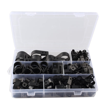 HALJIA 200pcs Black Nylon R Clips Screw Fastening Cable Clips Type P Wire Clips Cable Clamps with Box for Cable Management