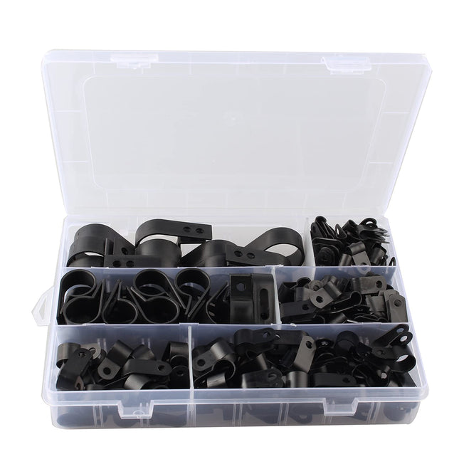 HALJIA 200pcs Black Nylon R Clips Screw Fastening Cable Clips Type P Wire Clips Cable Clamps with Box for Cable Management