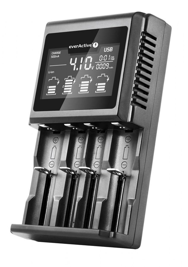 everActive laadija 4 akule 18650 AAA AA CD, professionaalne ja kiire, suur LCD-ekraan, mahtuvuse test, mudel: UC-4000, must, EVUC4000