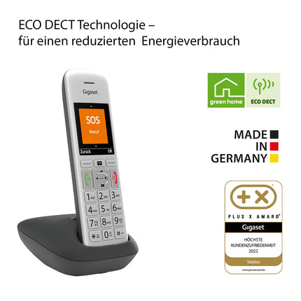 Gigaset E390 - Cordless DECT phone for seniors with large buttons and SOS function - easy operation, extra-large color display, high sound quality, silver-black