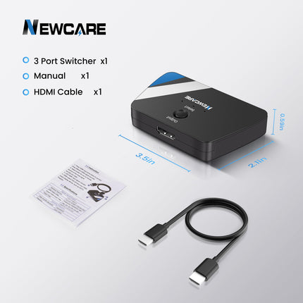 NEWCARE HDMI-lüliti 3 sisse-1 väljundiga koos 2,6 jala pikkuse kaabliga, 4K@60Hz HDMI-jaotur 3 sisse-1 väljundiga, 3-pordiline HDMI-lüliti jaotur, mis toetab Dolby Atmos HDR10-t