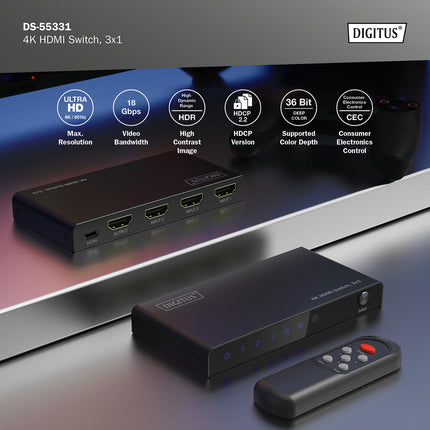 DIGITUS DS-55331 HDMI-lüliti 3x1 – 3 sisendit, 1 väljund – UHD 4K/60 Hz HDTV: 3840 x 2160p – HDCP 2.2 ja HDMI 2.0 – HDR, CEC, Deep Color, DTS, Dolby Digital, LPCM – teleri, monitori, PS5, PS4, Xboxi jaoks