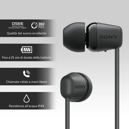 Sony WI-C100 juhtmevabad kõrvaklapid (kuni 25 tundi aku tööiga, optimeeritud häälassistentidele, integreeritud mikrofon telefonikõnede jaoks, Bluetooth), mustad, väikesed