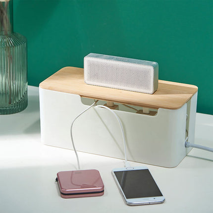 Cable management box with wooden lid, 23 x 12 x 11.7cm white plastic cable box desk cable organizer small cable box for hiding TV computer router cables sockets