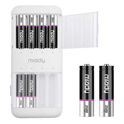 Miady Rechargeable Lithium Batteries AA 8 Pack with Charger, 2500mWh 1.5V Batteries 2000 Charging Cycles Fast Charging in 2.5 Hours