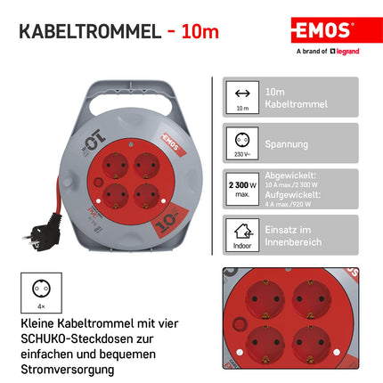 EMOS - Mini kaablirull 10m - 4 Schuko pistikupesa - 230 V, 10 A, 2300 W - kvaliteetne PVC isolatsioon - H05VV-F3G 1.0 mm² - termolülitiga - IP20 sisekasutuseks