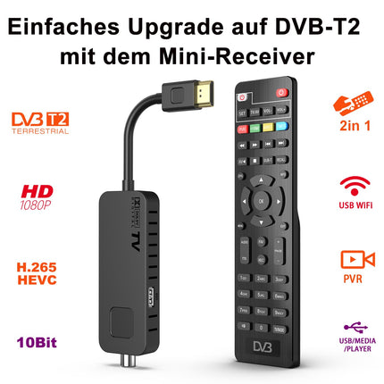 Dcolor DVB-T2 digitaalne maapealne dekooder - HDMI TV Stick, Dolby Audio HD 1080P H265 HEVC Main 10-bitine, toetab USB WiFi/Multimeediat/PVR-i [sisaldab 2-ühes universaalset kaugjuhtimispulti]