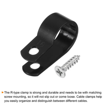 QUARKZMAN R-Type Cable Clip Wire Clamp, 16mm 0.63 inch Nylon Screw Fastening Cable Tie Clips with Screws Black for Cable Management Pack of 200