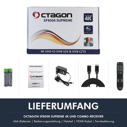 OCTAGON SF8008 UHD 4K Supreme kombovastuvõtja + NONIC HDMI-kaabel, satelliit-, kaabel- ja DVB-T2-vastuvõtja, E2 Linux ja Define operatsioonisüsteem, PVR-salvestusfunktsiooniga, M.2 M-võti, gigabiti LAN, kaardilugeja, WLAN WiFi