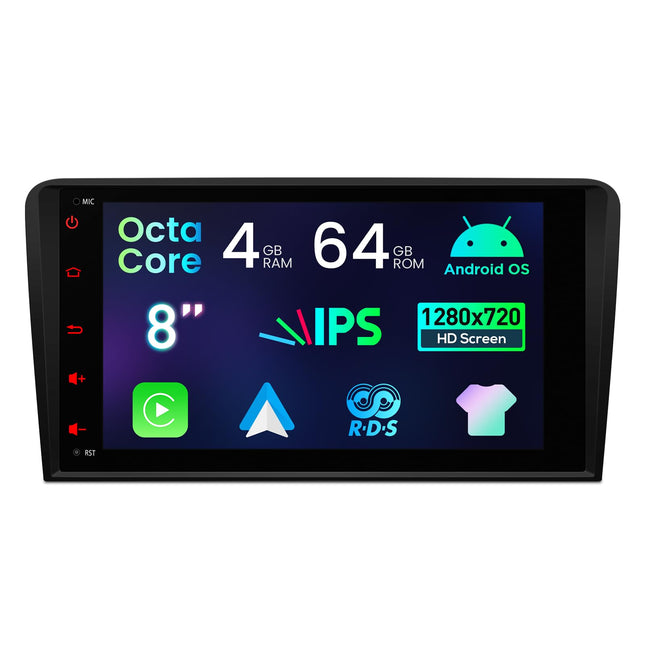 XTRONS 8-tolline IPS HD-ekraan Android 14 autoraadio Octa Core 4GB 64GB sisseehitatud 4G DSP automäng Android Auto WiFi Bluetooth GPS valikuline DAB OBD TPMS DVR Audi A3 S3 RS3 jaoks