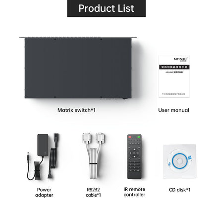 MT-VIKI HDMI maatrikslüliti 16 sisendit ja 16 väljundit, toetab veebijuhtimist, 3,5 mm stereoheli, IR-kaugjuhtimispuldi ja riiulile kinnitatava 4K@30Hz EDID RS232 LAN-pordiga.
