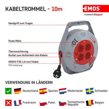 EMOS - Mini kaablirull 10m - 4 Schuko pistikupesa - 230 V, 10 A, 2300 W - kvaliteetne PVC isolatsioon - H05VV-F3G 1.0 mm² - termolülitiga - IP20 sisekasutuseks
