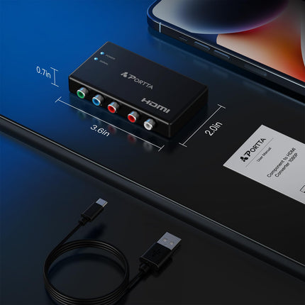 PORTTA komponent-HDMI muundur, 5 RCA YPbPr-HDMI videomuundur, YPbPr-HDMI-HDMI adapter, ühildub HDTV, monitori ja projektoriga