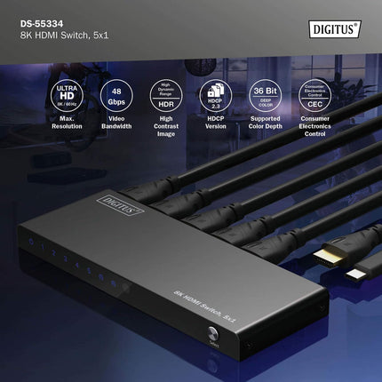 DIGITUS DS-55334 HDMI-lüliti 5x1 – 5 sisendit, 1 väljund – UHD 8K/60 Hz HDTV: 7680 × 4320p – HDCP 2.3 ja HDMI 2.1 – HDR, CEC, Deep Color, DTS, Dolby Digital, LPCM – teleri, monitori, PS5, PS4, Xboxi jaoks