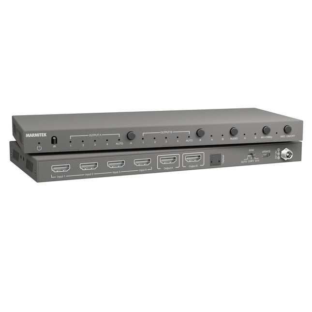 HDMI Matrix 4x2 lüliti – Marmitek MS420 – 4K 60Hz – 4 sisendit 2 väljundit – ARC – Optiline väljund – Integreeritud heliekstraktor – Allaskaleerija – HDR – 4:4:4 – Dolby Audio ja DTS:X – EDID