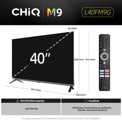 CHIQ 40-tolline (100 cm) nutiteler, FHD HDR10, Google TV, kolmekordne tuuner DVB-C/T/T2/S/S2, Dolby Audio, DBX-TV, sisseehitatud Chromecast, HDMI, USB, metallivaba