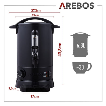 Arebos hõõgveinikann 950 W | Kuumade jookide dosaator | 6,8 L | tilgaaluse, kraani, termostaadi ja ülekuumenemiskaitsega | Temperatuuri reguleerimine 30–110 °C | Must