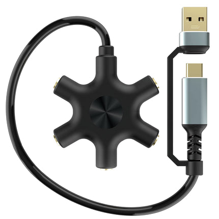 HIEbee USB A/C to Headphone Splitter, 5-Jack 3.5 mm Audio Headphone Splitter Stereo Audio Headset Adapter, Audio Earphone Connector 5-Way 1 Male to 4 Female Splitter with 3.5 mm Stereo Cable