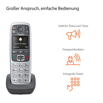 Gigaset E560HX - DECT-telefonitoru laadimisalusega - Fritzbox-ühilduv - Juhtmeta seenioride telefon ruuteri ja DECT-aluse jaoks - Hädaabikõne 4 numbriga, hõbedane [Saksa versioon] [Ilma aluseta]
