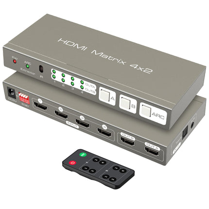 HDMI maatrikslüliti 4 sisendi ja 2 väljundiga 4K60Hz jaotur optilise ja 3,5 mm AUX-heli väljundiga, toetab EDID HDCP2.2 18G HDR10 ARC