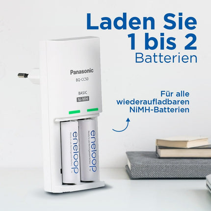 eneloop kompaktne laadija 1-2 AA/AAA NI-MH akule, 10 tundi laadimisaega, 9 ohutusfunktsiooni, sh 2 eneloop AA akut (2000 mAh)