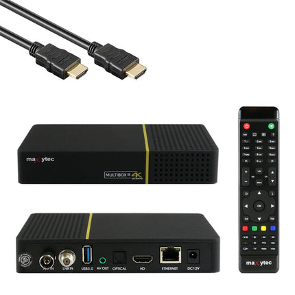 Maxytec Multibox SE 4K UHD 2160p E2 Linux WiFi DVB-S2/C Combo Receiver Black (✓ WLAN ✓ HDMI 2.0 ✓ USB 2.0 &amp; USB 3.0 ✓ 100Mbit LAN ✓ S/PDIF ✓ MicroSD)