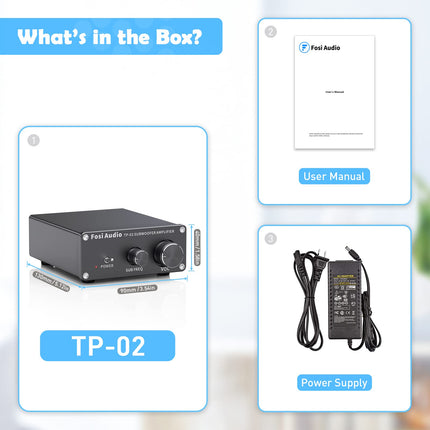 Fosi Audio TP-02 subwooferi võimendi koduheli, minibassi võimendi mono subwooferi võimendi 220W, TDA7498E kiibi helitugevuse ja sageduse juhtimisega, aktiivse passiivse subwooferi bassi raputaja jaoks