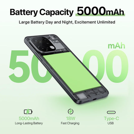 UMIDIGI 50MP nutitelefon lukustamata Android 14-12(6+6) GB+128GB mobiiltelefon 6,75-tolline 90Hz ekraan, 5000mAh, 2,2GHz protsessor, G9C 4G kahe SIM-kaardiga, kaasas laadija, Bluetooth 5.4/Face ID/GPS/NFC-must