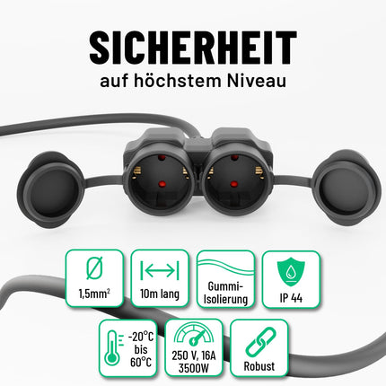 greate 2fach Verlängerungskabel 10 Meter aussen - Verlängerungskabel außen wasserdicht IP44-2 Fach Mehrfachsteckdose Verlängerung für Aussenbereich 10m 3500 W, Outdoor Extension Cord Waterproof