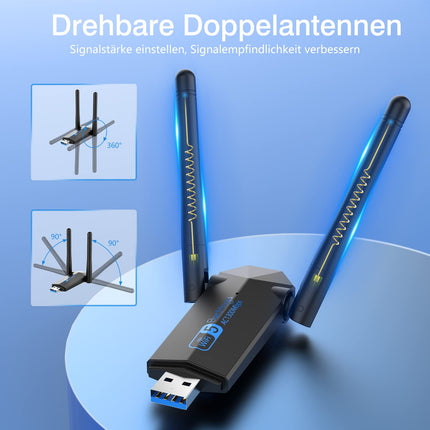 USB WiFi-pulk, ElecMoga 1300Mbps USB 3.0 WiFi-adapter 2.4GHz/5.8GHz kahesageduslik internet 2 x 5dBi antenniga arvuti/lauaarvuti/sülearvuti jaoks, ühildub Windows 11/10/8/7/Vista/XP ja Mac OS-iga