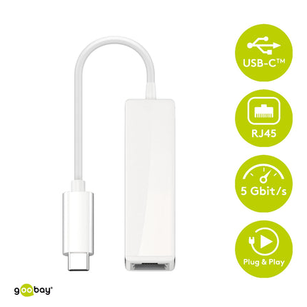 Goobay 66255 USB-C RJ45 Etherneti võrguadapter LAN-kaabli ühendamiseks internetiühenduse loomiseks