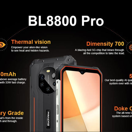 Blackview 5G Thermal Imaging Outdoor Smartphone Without Contract BL8800 PRO, 50MP Quad Camera, Dimensity 700 8GB+128GB, 6.58'' FHD+, 8380mAh Battery 33W Fast Charging, IP68 Rugged Mobile Phone NFC GPS OTG Black
