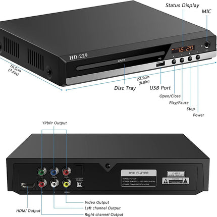 DVD Player for TV with HDMI/AV Outputs, All Regions, 1080P Full HD, USB Multimedia Functions, Remote Control