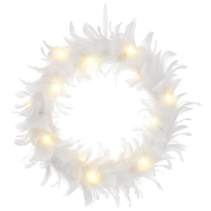 Uonlytech White Feather Garland. White Feather Wreath Christmas Wreath for Front Door Feather Wreath with LED Lights for Indoor Outdoor Halloween Party Decorations Christmas Wreath with Lights