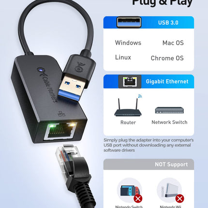 Cable Matters 2-Pack USB Gigabit Ethernet Adapter (USB Network Adapter, USB LAN Adapter 3.0, USB Ethernet Adapter USB 3.0) - 10/100/1000 Mbps Ethernet Network in Black