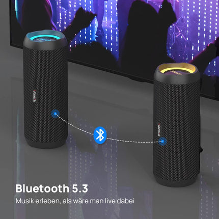 RIENOK Bluetooth Speaker with Light Bluetooth 5.3 Music Box Bass Wireless Box with IPX7 Waterproof Stereo Sound Portable