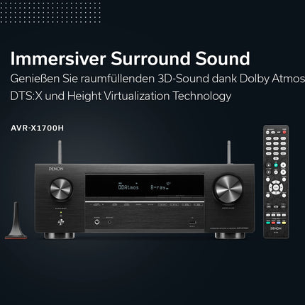 Denon AVR-X1700H 7.2-kanaliga AV-ressiiver, HiFi võimendi Dolby Atmose, DTS:X, 6 HDMI sisendi ja 1 väljundiga, 8K HDMI, Bluetooth, Wi-Fi, AirPlay 2, HEOS Multiroom, Alexa ühilduv