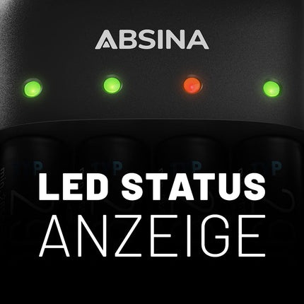 ABSINA akulaadija AA AAA ja 9V - NiMH laadija akude jaoks, 4 sahtliga laetavatele akudele - akulaadija AAA, AA ja 9V plokkidele - akulaadija, akulaadija