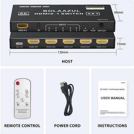 BolAAzuL 8K HDMI 2.1 lüliti 4K 120Hz, HDMI lüliti 5 sisendit 1 väljund 8K@60Hz 4K@120Hz 2K@144Hz, HDMI 2.1 jaotur 5-pordiga IR-puldiga, HDMI 5x1 HDR, 48GBPS, CEC, Dolby Vision Xbox PS5 arvutitele