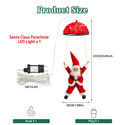 Santa Claus parachute fairy lights, 63CM 70 LED Christmas fairy lights plug in with timer, 8 modes, Christmas lights for indoor and outdoor Christmas decorations, windows, Christmas trees, balconies (warm white)