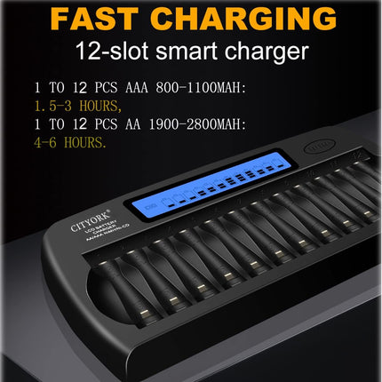 CITYORK AA AAA Battery Charger 12 Slots, LCD Battery Charger for AA/AAA NI-MH NI-CD Rechargeable Batteries with Discharge as well as integrated IC Protection and Power Supply