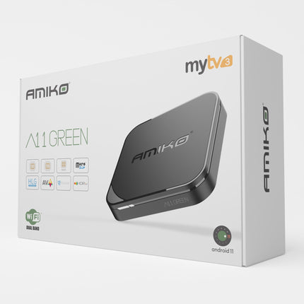 AMIKO A11 roheline 4K UHD Android 11 teleriboks, kahesageduslik WiFi WLAN, HDR10+, HLG, 2 GB muutmälu ja 16 GB välkmälu, teleri vastuvõtja, Bluetooth 4.0, My TV3, SD-kaardi pesa, USB 2.0 ja 3.0, HEVC, infrapunaliides