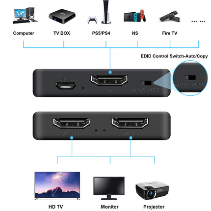 HDMI jaotur 1 sisend 2 väljundit samaaegselt 4K 60Hz, avedio links HDMI jaotur 1 sisend 2 väljundit kahe monitori jaoks【Ainult peegel, mitte pikendatav】Toetab HDMI2.0b, HDCP2.2, automaatset skaleerimist, Full HD 1080P 3D