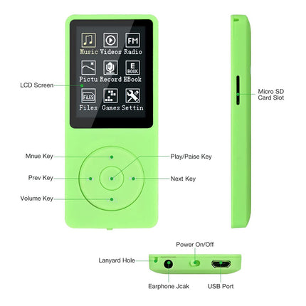 MP3/MP4 Player, Lychee Upgrade, 8 GB Digital Music Player, Portable HiFi Sound with Video/Voice Recording/FM Radio/E-Book Reader, Supports up to 64 GB (Green)