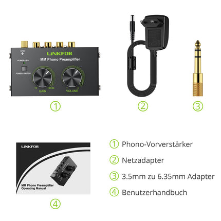 LiNKFOR fonofonide eelvõimendi, ülikompaktne eelvõimendi toitelülitiga, helitugevuse regulaatoriga, RCA sisend/väljund, 1/4'' TRS väljund, DC 12V MM-peaga plaadimängijatele